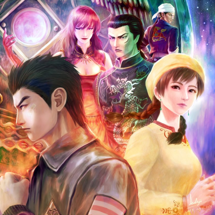 2girls 3boys bandaid bandaid_on_face bandana black_hair blue_shirt braid brown_eyes brown_hair china_dress chinese_clothes clenched_hand dress earrings gloves hazuki_ryou highres jacket jewelry kohji lan_di leather leather_jacket ling_shen_hua looking_at_viewer looking_back looking_to_the_side multiple_boys multiple_girls niao_sun red_dress red_gloves red_hair ren_wu_ying scar scar_on_face sega shenmue shenmue_iii shirt sky spiked_hair star_(sky) starry_sky twin_braids white_bandana yellow_headwear yellow_shirt