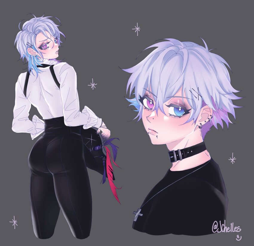 1boy absurdres alternate_costume alternate_hair_length alternate_hairstyle ass belt_collar black_eyeshadow blue_eyes blue_hair blush collar commentary cropped_legs cropped_torso cross cross_necklace ear_piercing eyelashes eyeshadow frilled_sleeves frills from_behind from_side gavis_bettel gavis_bettel_(2nd_costume) grey_background grey_hair hair_between_eyes hat heterochromia high-waist_pants highres holding holding_unworn_clothes holding_unworn_hat holostars holostars_english jch3lles jewelry long_sleeves looking_at_viewer looking_back makeup male_focus medium_hair multicolored_hair multiple_piercings multiple_views necklace pants piercing pink_eyes pink_hair shirt short_hair thighs tight_clothes tight_pants trap twitter_username unworn_hat unworn_headwear virtual_youtuber white_shirt