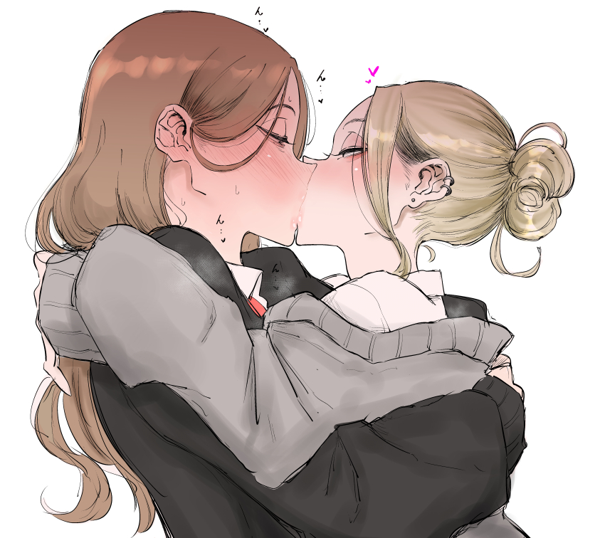 2girls absurdres black_cardigan blonde_hair blush brown_hair cardigan collared_shirt ear_piercing grey_cardigan hair_behind_ear highres hug kiss long_hair loose_sleeves mature_female multiple_girls original pandakorya piercing shirt white_shirt yuri