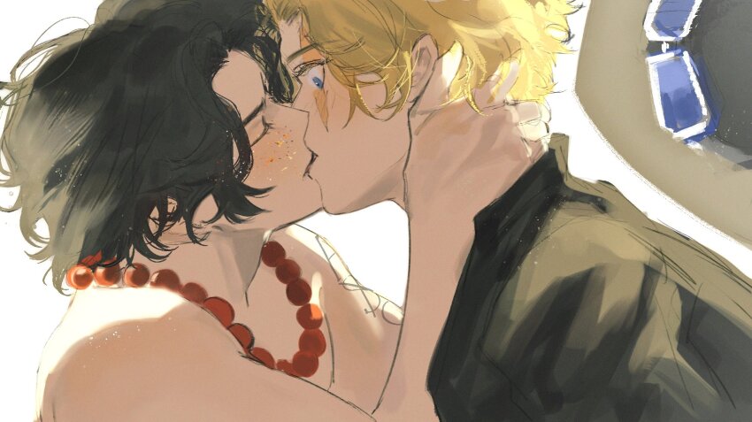 2boys bare_shoulders bead_necklace beads black_hair black_hat black_jacket blonde_hair blue_eyes closed_eyes commentary english_commentary freckles from_side hand_on_another&#039;s_nape hat highres jacket jewelry kiss looking_at_another male_focus multiple_boys necklace oh_no_nori one_piece portgas_d._ace profile sabo_(one_piece) scar scar_on_face short_hair topless_male unworn_hat unworn_headwear upper_body white_background yaoi