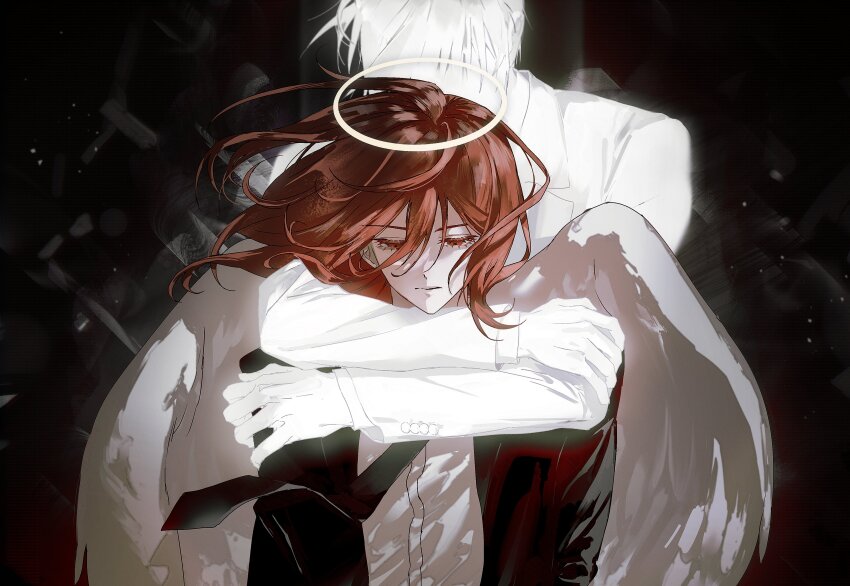 2boys absurdres angel angel_devil_(chainsaw_man) angel_wings black_necktie chainsaw_man closed_mouth collared_shirt eyelashes feathered_wings formal_clothes hair_between_eyes halo hashtag-only_commentary hayakawa_aki highres hoseek hug hug_from_behind jacket long_hair male_focus multiple_boys necktie red_eyes red_hair shirt short_hair suit suit_jacket traditional_halo upper_body white_shirt white_wings wings