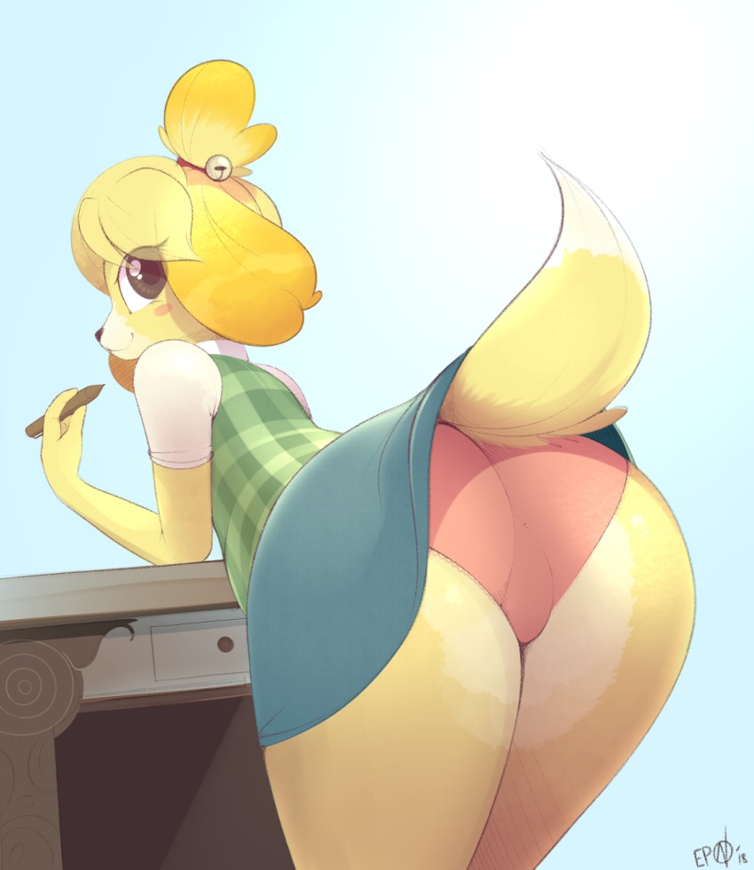1girl :3 animal_crossing animal_ears animal_nose artist_name ass ass_focus b-epon bell bent_over blonde_hair blue_background blue_skirt blush_stickers body_fur brown_eyes cowboy_shot dated desk dog_ears dog_girl dog_tail female_focus from_behind furry furry_female green_vest hair_bell hair_ornament hair_tie hand_up happy highres holding isabelle_(animal_crossing) jingle_bell leaning_forward looking_at_viewer looking_back mature_female miniskirt nintendo panties pantyshot pen pink_panties plaid_clothes plaid_vest shirt short_hair short_sleeves signature simple_background skirt smile snout solo standing tail thick_thighs thighs topknot two-tone_fur underwear upskirt vest white_fur white_shirt yellow_fur