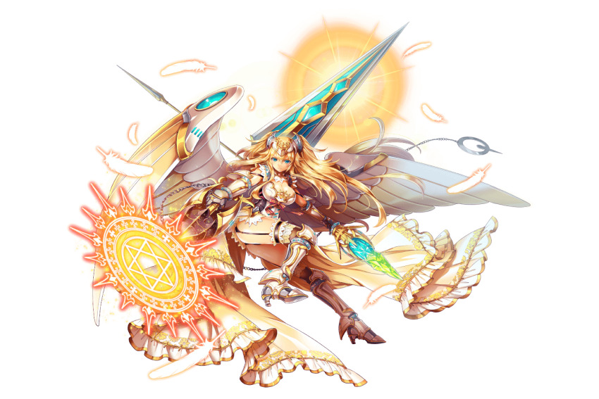 1girl artist_request bad_source blonde_hair blue_eyes bow breasts cleavage collar feathers full_body hexagram high_heels holding holding_polearm holding_staff holding_weapon kamihime_project long_hair magic_circle mechanical_wings michael_(kamihime_project) official_art polearm staff star_of_david third-party_source transparent_background weapon wings