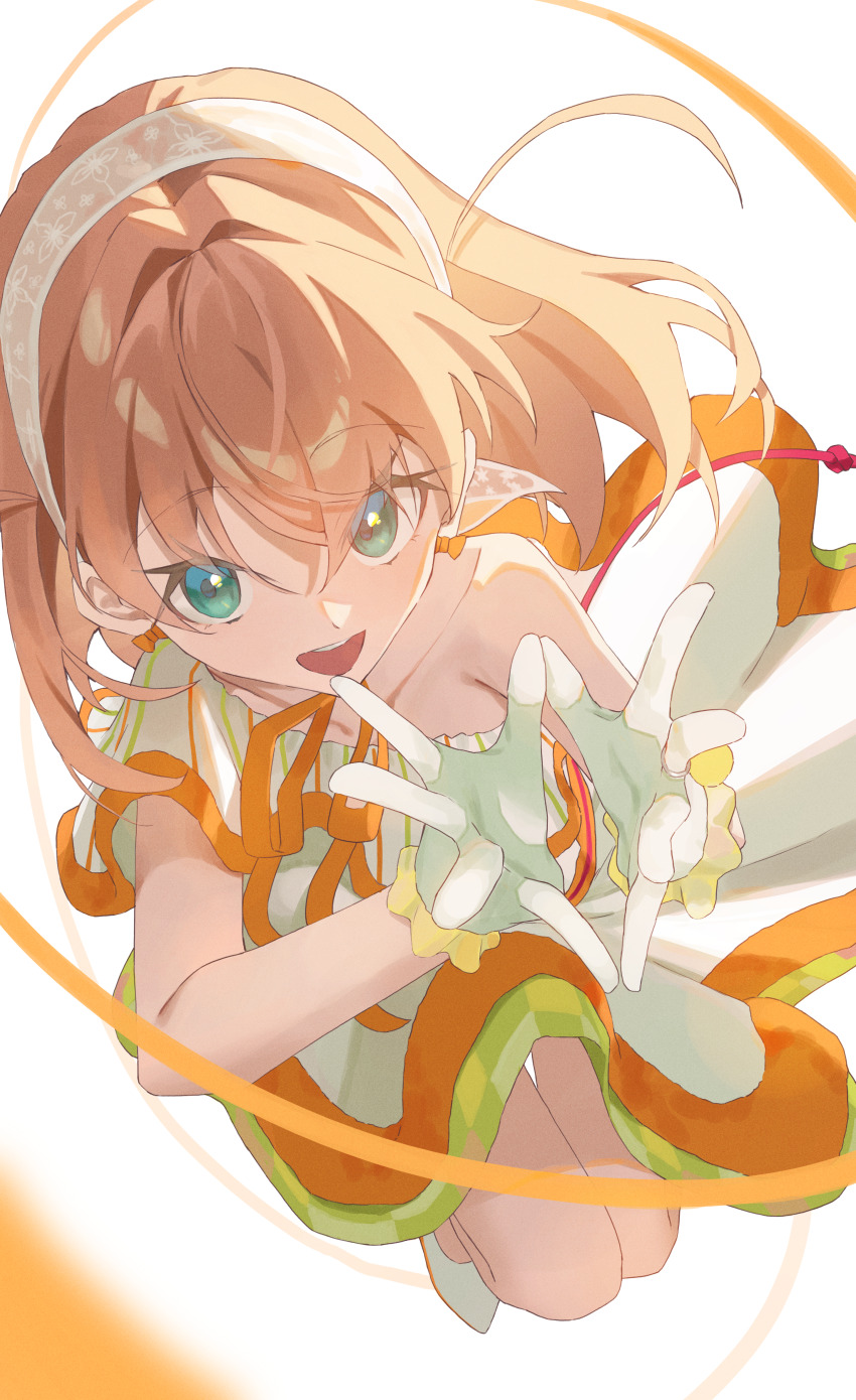 1girl absurdres aqua_eyes commentary crossed_bangs dress flower_hands frilled_dress frilled_gloves frills full_body gloves hairband highres hinoshita_kaho link!_like!_love_live! love_live! medium_dress medium_hair official_alternate_costume orange_hair orange_ribbon ribbon shoes simple_background single-shoulder_dress single_bare_shoulder solo suisai_sekai sunkeun two_side_up virtual_youtuber white_background white_dress white_gloves white_hairband white_shoes