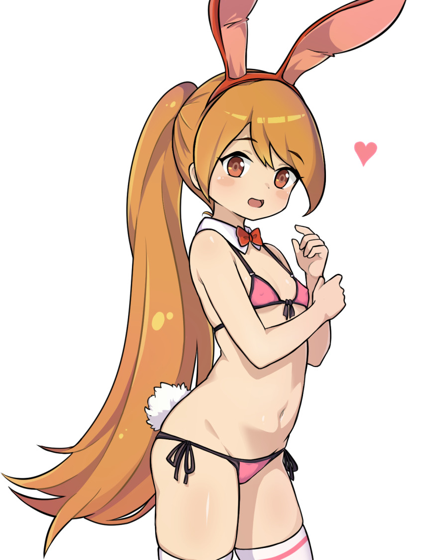 1girl animal_ear_hairband animal_ears blush bra breasts brown_eyes commentary_request covered_erect_nipples detached_collar fake_animal_ears hairband heart highres long_hair looking_at_viewer marnie_(world_flipper) mwm5 navel open_mouth pink_bra rabbit_ears rabbit_tail simple_background small_breasts solo tail thighhighs underwear very_long_hair white_background white_thighhighs world_flipper