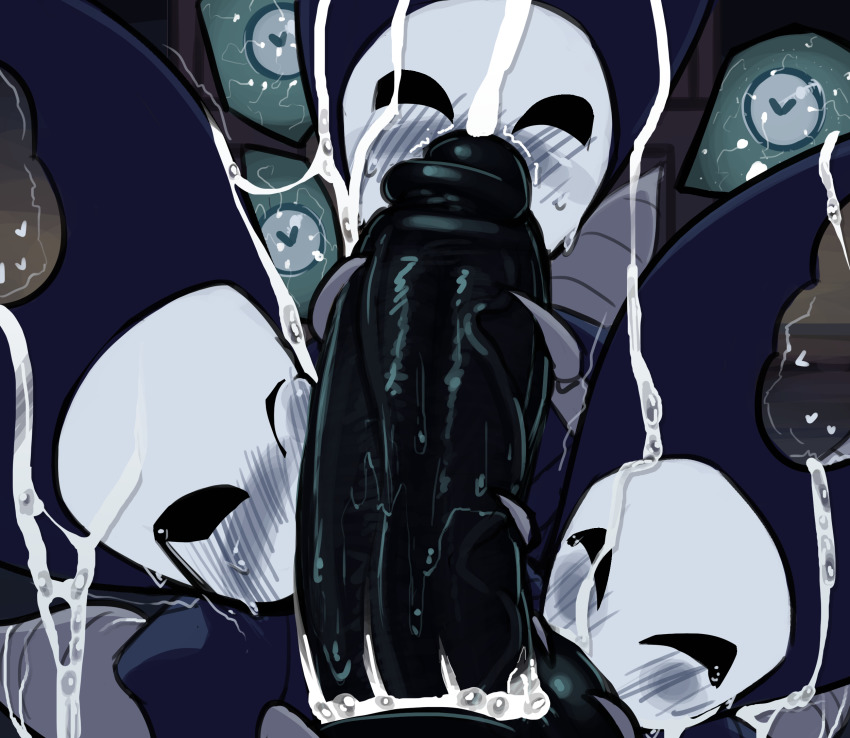 1boy 3girls black_cape black_skin blush boxman cape colored_skin cum cum_on_body facial fellatio fertilization highres hollow_knight kissing_penis knight_(hollow_knight) large_penis licking licking_penis mantis_lord_(hollow_knight) multiple_girls one_eye_closed oral ovum penis penis_grab pov red_cape size_difference sperm_cell veins veiny_penis