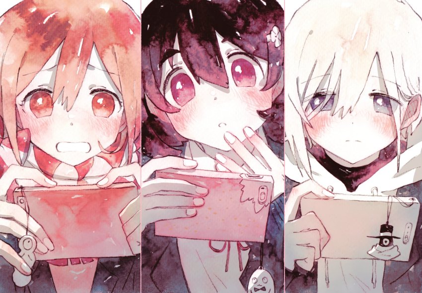 3girls akane_(pink_valentine) black_hair blonde_hair blush cellphone closed_mouth hair_ornament hairclip highres hitotsume-sama long_hair lotte_(company) momo_(pink_valentine) multiple_girls neulbaram open_mouth orange_hair phone pink_valentine purple_eyes red_eyes scarf school_uniform sebastian_(mah) short_hair smartphone strap tamago_(mah) yukie_(pink_valentine)