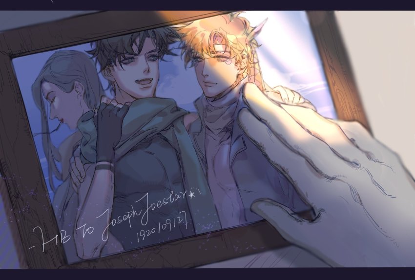 1girl 2boys battle_tendency black_hair blonde_hair brown_hair caesar_anthonio_zeppeli cigarette facial_mark feather_hair_ornament feathers fingerless_gloves gloves green_scarf hair_ornament headband highres jojo_no_kimyou_na_bouken joseph_joestar joseph_joestar_(old) joseph_joestar_(young) lisa_lisa long_hair mitus multiple_boys muted_color aged_up photo_(object) remembering scarf triangle_print white_gloves