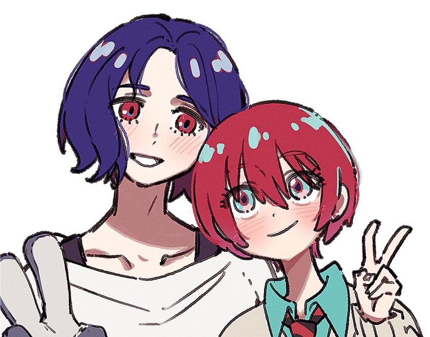 1boy 1girl amate_yuzuriha aqua_eyes blue_hair blush collared_shirt colored_inner_hair commentary_request gundam gundam_gquuuuuux karaage_unai looking_at_another multicolored_hair necktie open_mouth purple_hair red_eyes red_hair school_uniform shirt short_hair shuji_ito simple_background smile sweater two-tone_hair upper_body v white_background white_shirt