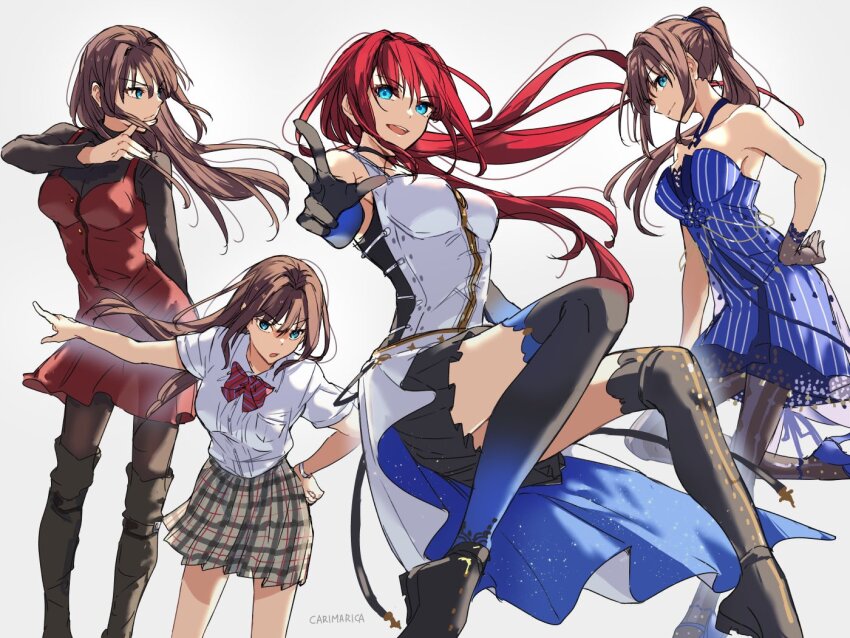 1girl aozaki_aoko bare_shoulders belt black_footwear black_gloves black_pantyhose black_skirt black_sweater blue_dress blue_eyes blush boots bow bowtie breasts brown_hair carimarica choker cleavage collared_shirt dress elbow_gloves gloves glowing glowing_hair grey_skirt hair_intakes high_ponytail large_breasts long_hair long_sleeves looking_at_viewer looking_to_the_side mahou_tsukai_no_yoru multiple_views open_mouth pantyhose plaid_clothes plaid_skirt ponytail red_dress red_hair school_uniform shirt short_dress short_sleeves sidelocks skirt smile super_aoko sweater thigh_boots thighs white_dress white_shirt