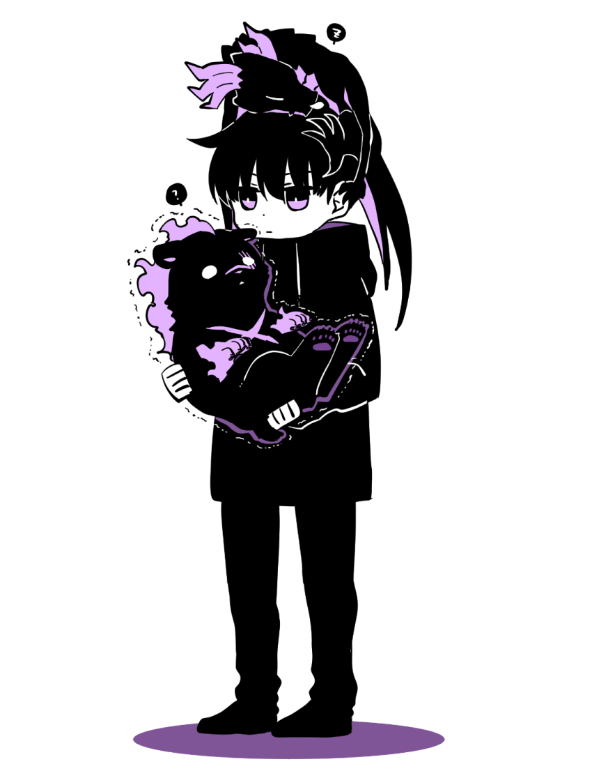 8mo10 ? animal animal_ears animal_on_head bear bear_ears bear_paws bear_tail black_footwear black_hoodie black_pants colored_shadow deformed dot_nose dragon_horns dragon_tail dragon_wings drawstring expressionless hair_between_eyes highres holding holding_animal holding_chibi hood hoodie horns kaisel_(solo_leveling) motion_lines mythological_creature on_head pants purple_eyes purple_hood purple_theme shadow simple_background solo_leveling spoken_question_mark spoken_zzz sung_jin-woo tail trembling tusk_(solo_leveling) white_background wings zzz
