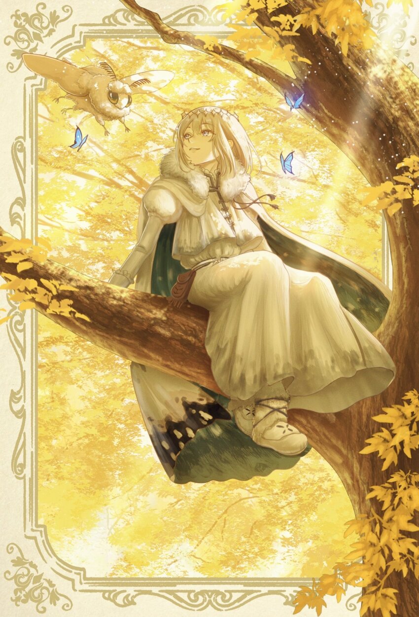 1boy asagi_futsuka blanca_(fate) blue_eyes boots bug butterfly cape crown fate/grand_order fate_(series) fur-trimmed_cape fur_trim grey_hair highres in_tree insect male_focus moth oberon_(fate) oberon_(second_ascension)_(fate) robe sitting sitting_in_tree tree white_robe yellow_theme