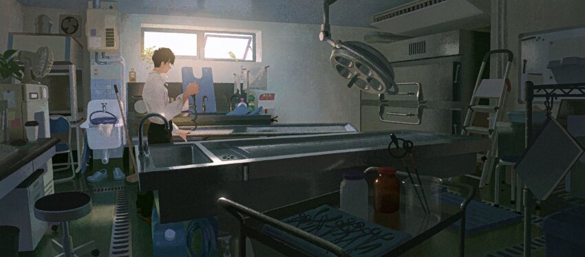 1boy air_conditioner bird black_hair black_pants bottle bucket chair computer_keyboard computer_mouse crocs cup desk disposable_cup drain_(object) electric_fan faucet fujimoto_gold grate highres holding indoors ladder mop morgue no_lineart operatory_light original pants scenery scissors shirt shirt_tucked_in short_hair sink soap_bottle solo standing stool towel unworn_footwear white_shirt wide_shot window