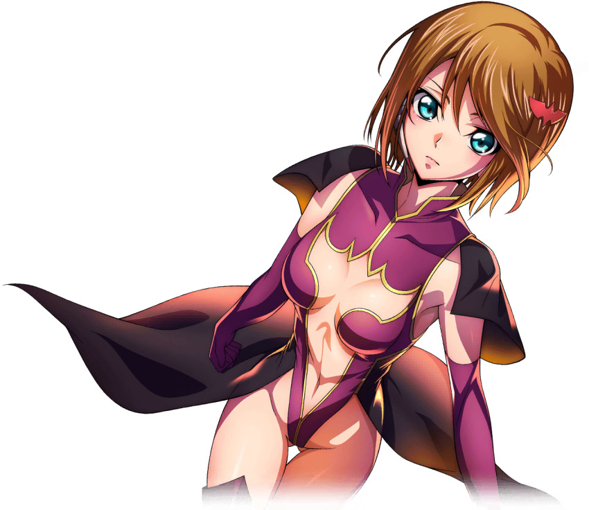 1girl boots breasts brown_hair code_geass code_geass:_lost_stories elbow_gloves f4samurai gloves green_eyes groin highleg highleg_leotard leotard looking_at_viewer marika_soresi navel official_art short_hair solo stomach thigh_boots thighhighs thighs valkyrie