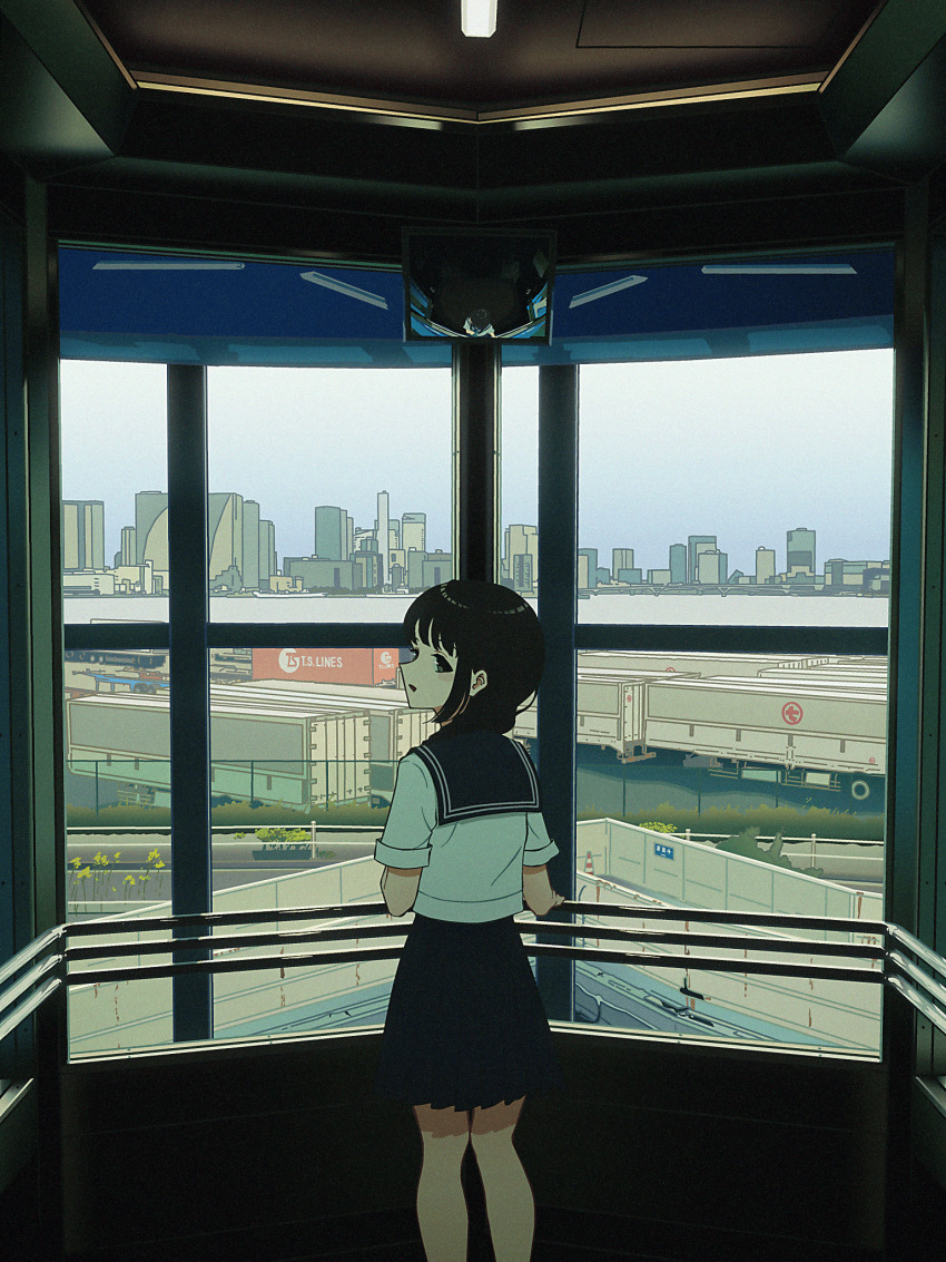 1girl :d amemori_sayo bare_legs black_eyes black_hair black_sailor_collar black_skirt braid building day elevator feet_out_of_frame from_behind hair_over_shoulder highres indoors knees_together_feet_apart long_bangs long_hair looking_at_viewer looking_back low_twin_braids mirror nijisanji nkymyura open_mouth pleated_skirt railing sailor_collar school_uniform serafuku shirt short_sleeves skirt skyline sleeves_rolled_up smile solo trailer twin_braids virtual_youtuber white_shirt window wispy_bangs