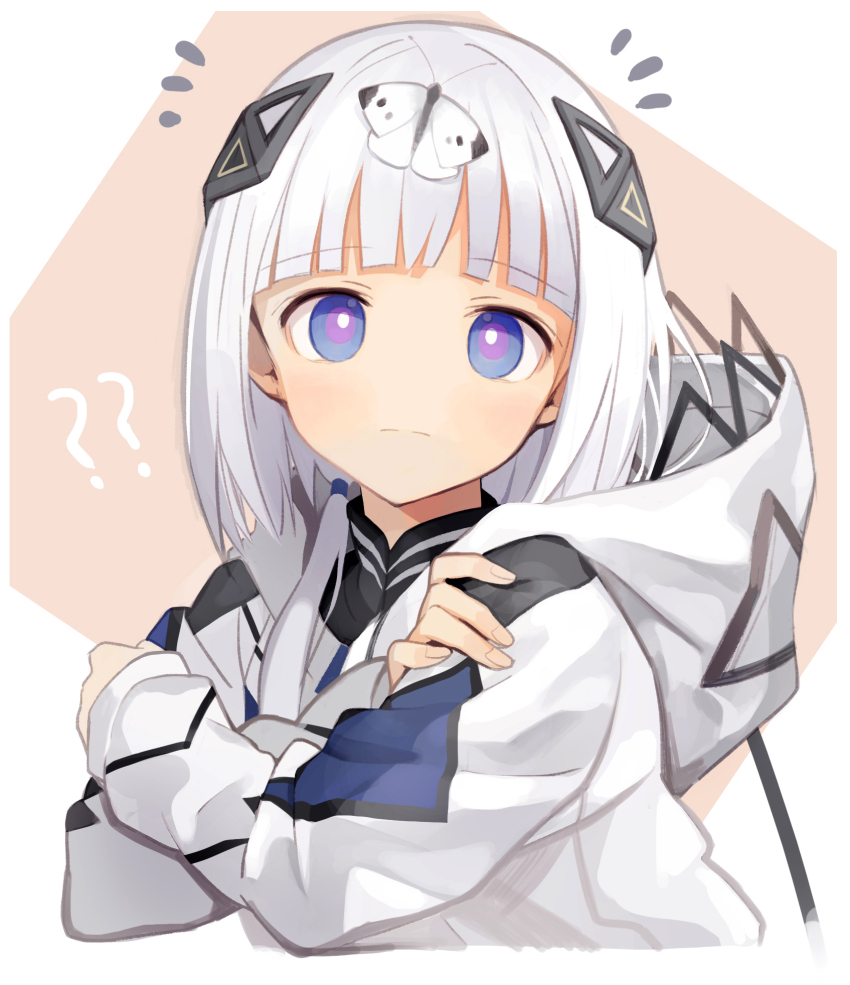 1girl ? ?? blue_eyes blunt_bangs bright_pupils bug butterfly butterfly_on_hair butterfly_on_head cevio closed_mouth commentary_request cropped_torso crossed_arms diamond_hair_ornament grey_hair grey_jacket highres hood hood_down hooded_jacket insect jacket kafu_(cevio) kamitsubaki_studio kari_kenji long_hair long_sleeves looking_at_viewer multicolored_eyes notice_lines purple_eyes solo split_mouth upper_body white_butterfly white_pupils