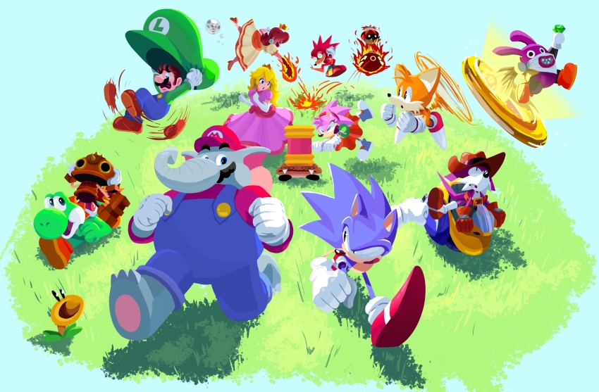 4girls 6+boys @_@ amy_rose blue_toad_(mario) cowboy_hat crossover dr._eggman elephant_mario facial_hair fang_the_sniper fire fire_daisy floating goomba grass hammer hat highres knuckles_the_echidna luigi mario mario_(series) multiple_boys multiple_girls mustache nabbit nintendo overalls pocho22059768 portal_(object) princess_daisy princess_peach ring_(sonic) robot running sonic_(series) sonic_superstars sonic_the_hedgehog sonic_the_hedgehog_(classic) super_mario_bros._wonder tails_(sonic) talking_flower_(mario) toad_(mario) trip_the_sungazer yoshi