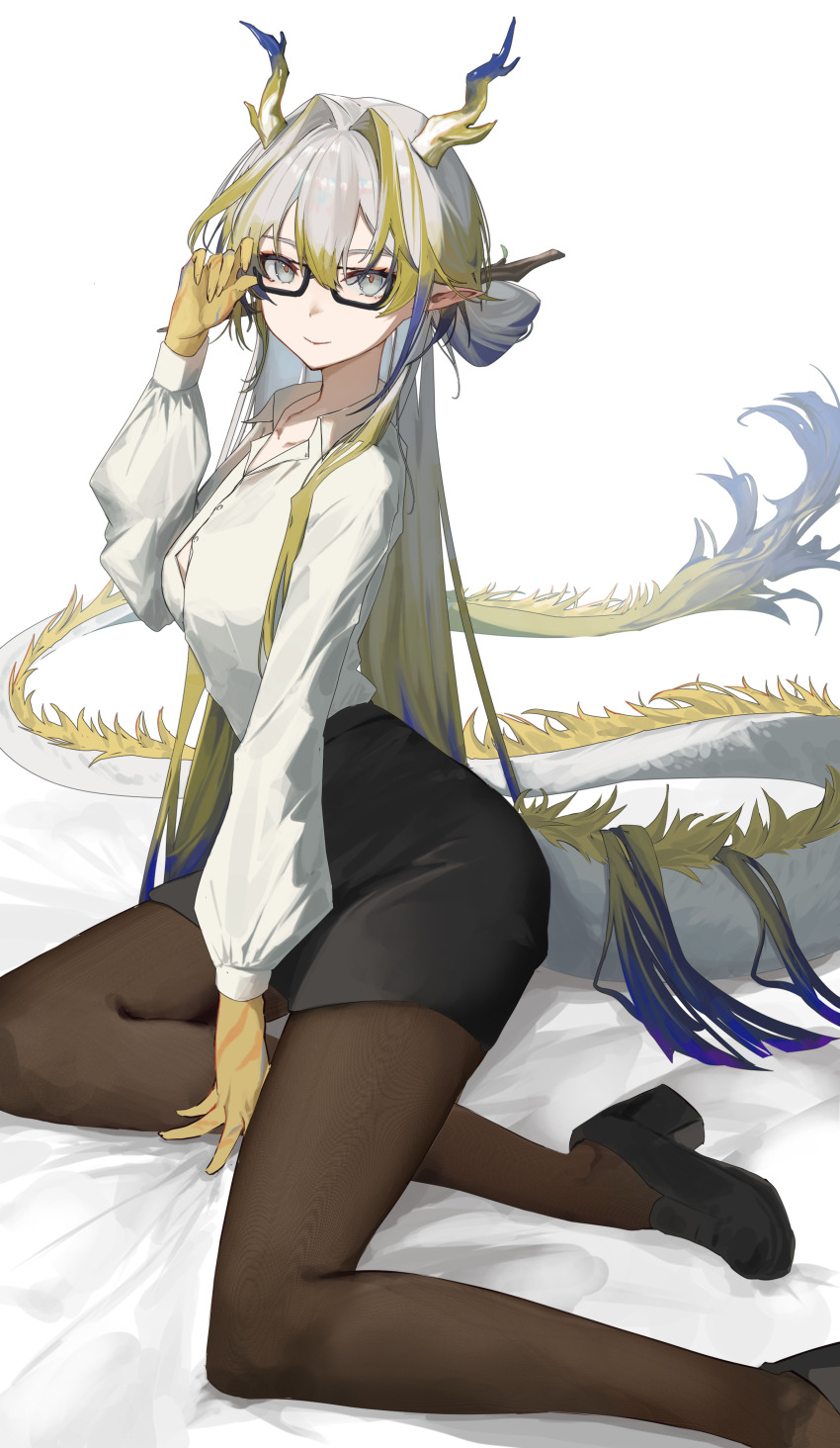 1girl absurdres alternate_costume arknights black_pantyhose black_skirt blonde_hair blue_hair closed_mouth collared_shirt colored_extremities dragon_horns eastern_dragon_tail glasses grey_hair hair_between_eyes hair_intakes hand_up highres horns hrk_(dxez4457) long_hair long_sleeves looking_at_viewer multicolored_hair office_lady pantyhose pointy_ears puffy_sleeves shirt shu_(arknights) sitting skirt smile solo white_shirt