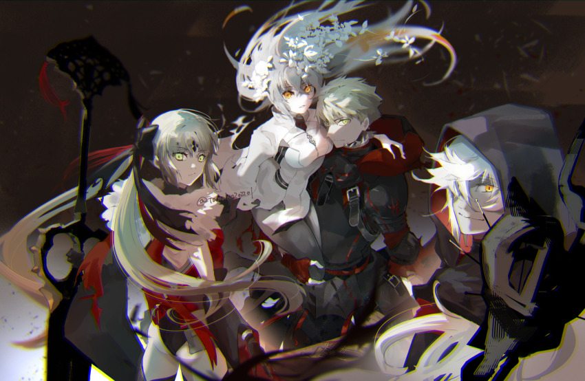 2boys 2girls alter_servant arthur_pendragon_(fate) artoria_caster_(fate) artoria_caster_(third_ascension)_(fate) artoria_pendragon_(fate) bare_back black_shirt chaldea_logo chaldea_uniform cross dark_persona facial_mark fate/grand_order fate_(series) floating_hair flower fujimaru_ritsuka_(female) fujimaru_ritsuka_(male) fur_trim hair_flower hair_ornament hanako_(onikutabetaiyo) hand_on_another&#039;s_shoulder holding holding_staff hood hood_down hood_up hooded_robe hoodie long_hair long_sleeves looking_at_viewer looking_back marmyadose_(fate) merlin_(fate) multiple_boys multiple_girls orange_eyes robe shirt signature staff thighhighs twintails white_hair yellow_eyes