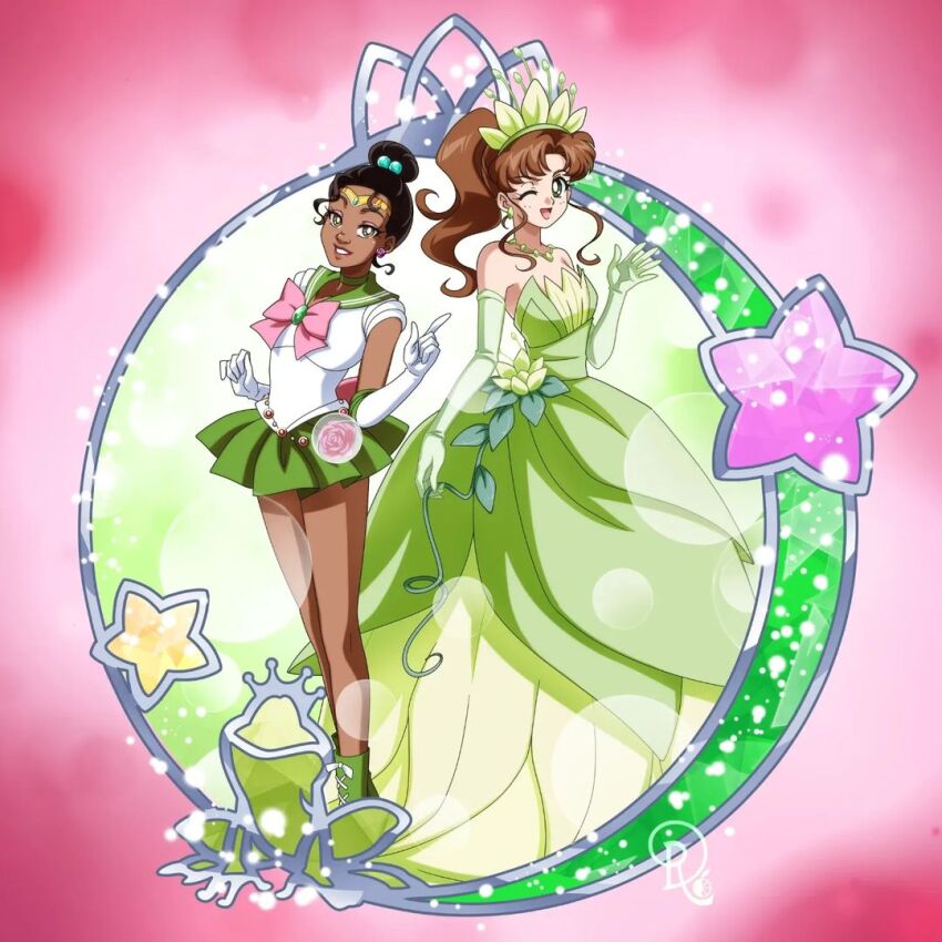 2girls back_bow bare_shoulders bishoujo_senshi_sailor_moon black_hair bow brown_hair choker commentary commission cosplay costume_switch crescent crown dark-skinned_female dark_skin disney drachea_rannak dress english_commentary evening_gown flower frog gloves green_choker green_crown green_dress green_gloves green_sailor_collar hair_bun jewelry kino_makoto looking_at_viewer magical_girl miniskirt multiple_girls necklace one_eye_closed pink_background pink_bow pleated_skirt ponytail rose_belt_(sailor_moon) sailor_collar sailor_jupiter sailor_jupiter_(cosplay) sailor_senshi_uniform skirt star_(symbol) the_princess_and_the_frog tiana_(the_princess_and_the_frog) tiana_(the_princess_and_the_frog)_(cosplay) tiara trait_connection water_lily_flower white_gloves