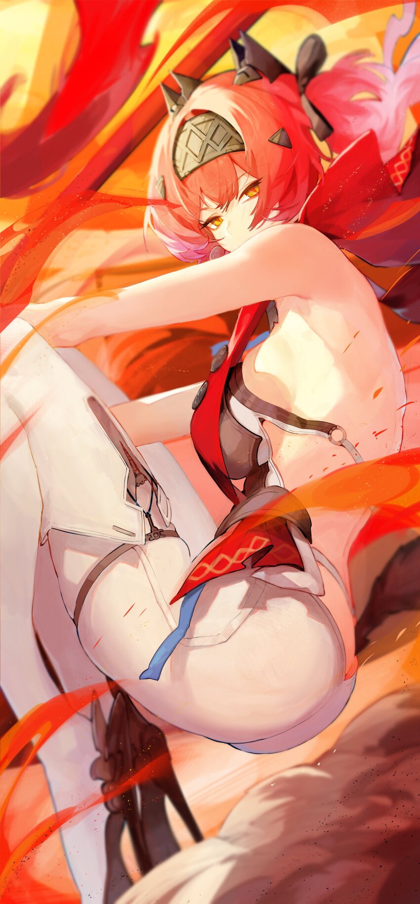 1girl absurdres armor bare_shoulders bodysuit breastplate breasts commentary gradient_hair hair_ornament hairband hashtag-only_commentary headgear highres kuuro_(kuuroart) large_breasts long_hair looking_at_viewer lupa_(wuthering_waves) metal_hairband multicolored_hair red_hair solo white_bodysuit wuthering_waves yellow_eyes