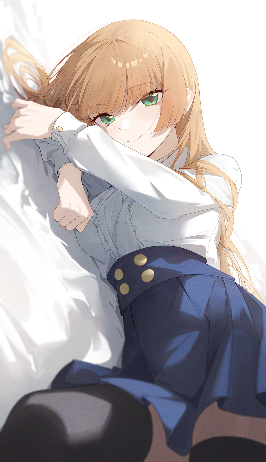 1girl absurdres anne_(shingeki_no_bahamut) black_thighhighs blonde_hair blue_skirt breasts center_frills closed_mouth commentary_request frills granblue_fantasy green_eyes high-waist_skirt highres large_breasts long_hair long_sleeves looking_at_viewer lying manaria_friends on_side shirt skirt smile solo sukaliya thighhighs thighs white_shirt