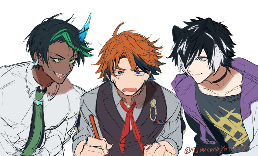 3boys :d aragami_oga aragami_oga_(3rd_costume) black_hair black_jacket black_shirt black_vest brown_hair closed_mouth collared_shirt dark-skinned_female dark_skin earrings fang green_eyes green_hair grey_hair grey_shirt hair_over_one_eye holding holding_pen holostars horns jacket jewelry kageyama_shien kageyama_shien_(4th_costume) male_focus multicolored_hair multiple_boys ninahachi open_clothes open_jacket open_mouth pen sharp_teeth shirt simple_background single_horn sketch smile streaked_hair teeth twitter_username upper_body v-shaped_eyebrows vest virtual_youtuber white_background white_shirt yukoku_roberu yukoku_roberu_(1st_costume)