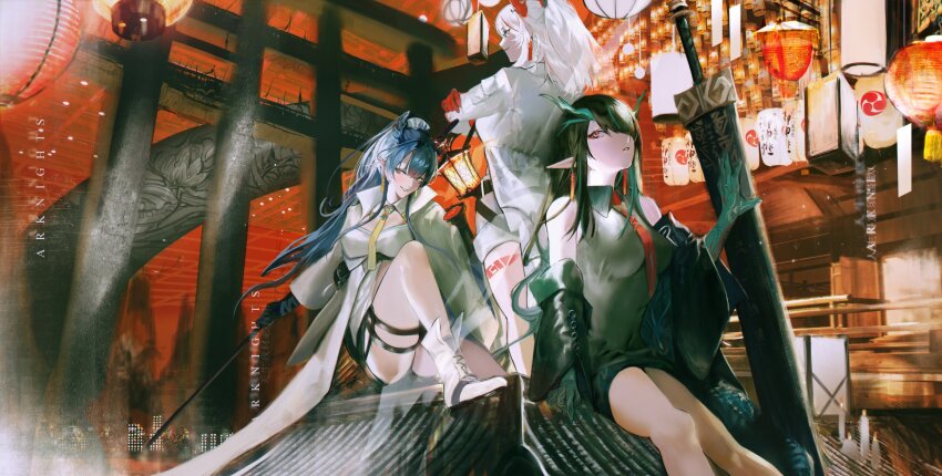 3girls absurdres arknights black_hair blue_eyes blue_hair blue_horns coat colored_extremities dragon_girl dragon_horns dusk_(arknights) earrings gradient_skin green_hands green_horns highres horns jewelry lantern leg_tattoo ling_(arknights) multicolored_hair multiple_girls necktie nian_(arknights) open_clothes open_coat pointy_ears red_eyes siblings sisters sitting streaked_hair sword tassel tassel_earrings tattoo waiomori weapon white_coat white_hair yellow_necktie