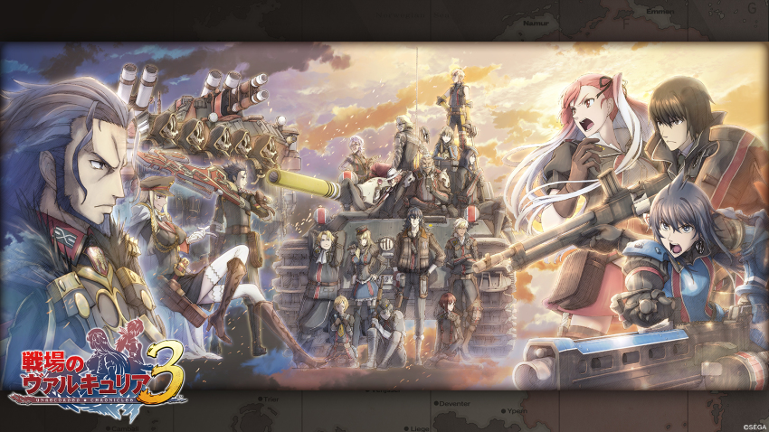 00s 10s 6+boys 6+girls alfons_auclair amy_apple annika_alcott armor blue_eyes blue_hair carisa_contzen caterpillar_tracks cedric_drake dahau diet elliot_oates everyone felix_cowley gloria_durrell gun gunblade gusurg highres huge_weapon imca kurt_irving leila_peron lydia_agute mask military military_uniform military_vehicle motor_vehicle multicolored_hair multiple_boys multiple_girls non-web_source official_art official_wallpaper red_eyes riela_marcellis rifle sega senjou_no_valkyria senjou_no_valkyria_(series) senjou_no_valkyria_3 sig_(puyopuyo) skull_mask tank twintails valerie_aynsley vehicle weapon zahar_alonso