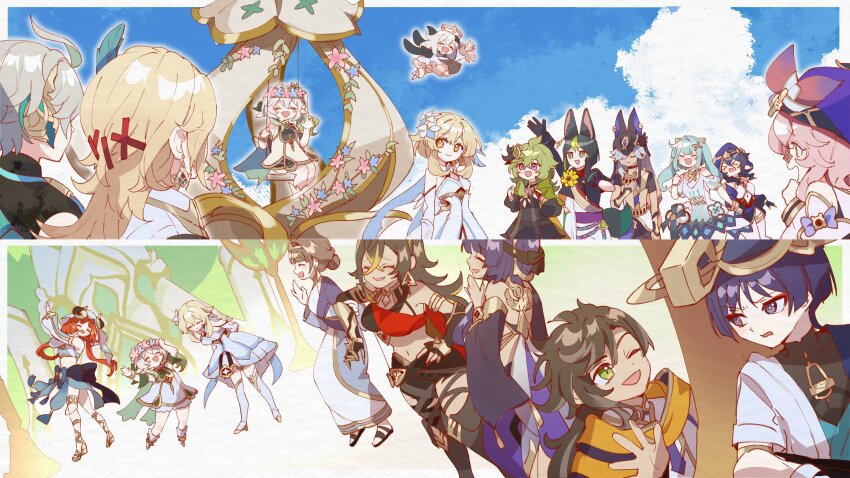 &gt;_&lt; 6+boys 6+girls absurdres ahoge alhaitham_(genshin_impact) animal_ears animal_hood aqua_hair aqua_kimono arm_armor arm_at_side armlet arms_up arrow_print asymmetrical_clothes bare_shoulders bent_over black_bodysuit black_cape black_choker black_dress black_gloves black_hair black_sleeves blonde_hair blue_bow blue_feathers blue_hat blue_hood blue_skirt blue_sky blue_sleeves blue_trim blunt_bangs blunt_ends bodysuit bow bracelet bridal_gauntlets bright_pupils brown_hair cable candace_(genshin_impact) cape carriage choker circlet clenched_hand clenched_hands closed_eyes clothing_cutout cloud cloudy_sky collei_(genshin_impact) compression_shirt cowlick criss-cross_halter crossed_bangs crossed_belts cyno_(genshin_impact) dancing dark_skin dehya_(genshin_impact) detached_sleeves dori_(genshin_impact) dress dunyarzad_(genshin_impact) earrings elbow_gloves eyelashes eyeliner eyeshadow faruzan_(genshin_impact) feather_hair_ornament feathers fox_ears fox_tail furrowed_brow gem genshin_impact gladiator_sandals glasses gloves gold gold_choker gold_circlet gold_footwear gold_trim gradient_hair green_eyes green_gemstone green_hair grey_hair hair_between_eyes hair_bun hair_ornament hairclip halo halterneck han&#039;eri hand_on_own_chest hand_on_own_face hand_up hands_up harem_outfit hat head_down headpiece highres holding holding_another&#039;s_wrist holding_rope hood jackal_ears japanese_clothes jewelry jingasa kaveh_(genshin_impact) kimono layered_clothes layered_kimono layla_(genshin_impact) leaf leaf_hair_ornament long_hair lumine_(genshin_impact) makeup mandarin_collar mechanical_halo midair midriff multicolored_hair multiple_boys multiple_girls nahida_(genshin_impact) nilou_(genshin_impact) oishii_sasa on_swing one_eye_closed open_clothes open_hand open_kimono open_mouth paimon_(genshin_impact) pants pantyhose pink_eyes pink_gemstone pink_hair puffy_sleeves purple_hair purple_sash red_eyeliner red_eyeshadow red_hair rope sandals sash scaramouche_(genshin_impact) scarf sethos_(genshin_impact) short_hair short_hair_with_long_locks short_sleeves shoulder_cutout side_ponytail sidelocks sideways_mouth single_pantsleg sitting skirt sky smile split_screen streaked_hair swing tail thighhighs thighlet tighnari_(genshin_impact) toga torn_clothes torn_pants triangle_earrings tunic twintails v-shaped_eyebrows vambraces veil vision_(genshin_impact) wanderer_(genshin_impact) waving white_dress white_hair white_kimono white_pantyhose white_pupils white_romper white_scarf white_sleeves white_thighhighs white_veil x_hair_ornament yellow_eyes