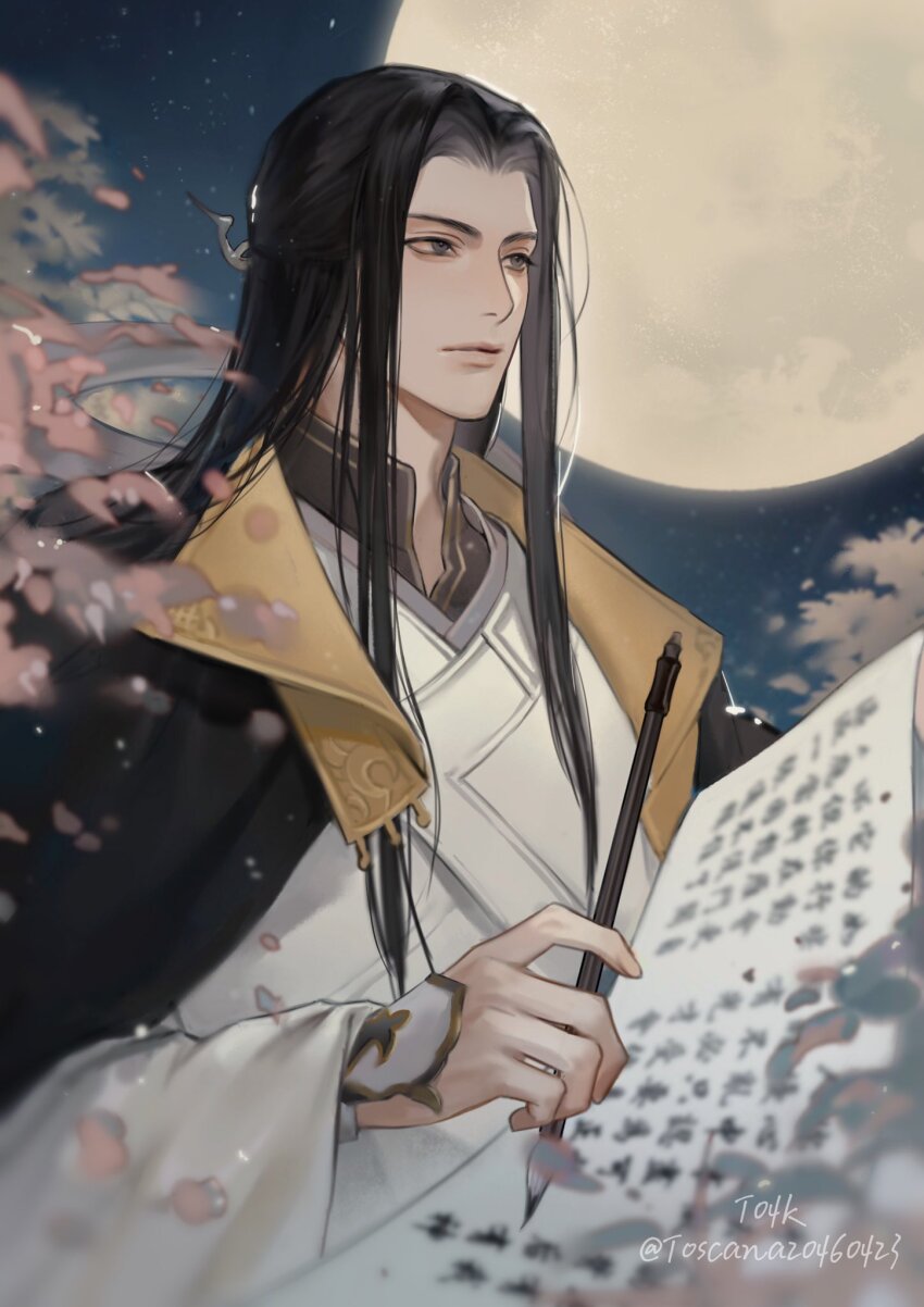 1boy artist_name black_hair black_robe calligraphy_brush character_request chinese_clothes closed_mouth full_moon grey_eyes hair_ornament highres holding holding_calligraphy_brush holding_paintbrush holding_paper jacket long_hair looking_to_the_side male_focus moon nishui_han outdoors paintbrush paper robe sky solo star_(sky) starry_sky toscana20460423 twitter_username upper_body white_jacket