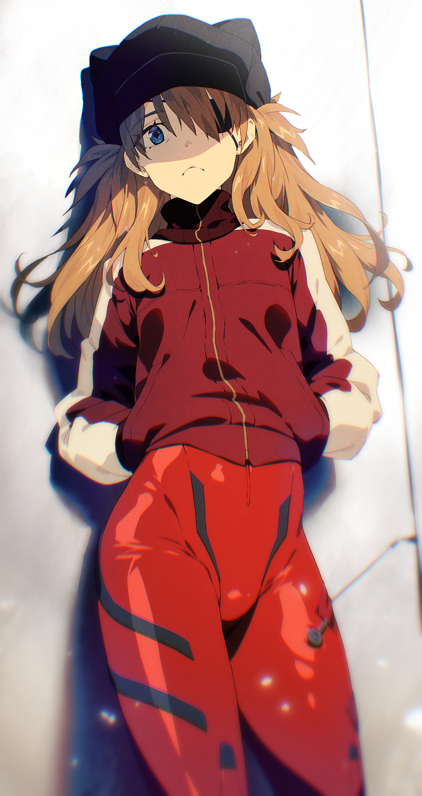1girl :&lt; absurdres against_wall black_hat blue_eyes bodysuit chyko closed_mouth commentary evangelion:_3.0_you_can_(not)_redo eyepatch hands_in_pockets hat highres jacket long_hair looking_at_viewer mecha_pilot_suit neon_genesis_evangelion orange_hair plugsuit_(evangelion) rebuild_of_evangelion red_bodysuit red_jacket shiny_clothes simple_background solo souryuu_asuka_langley track_jacket wide_hips
