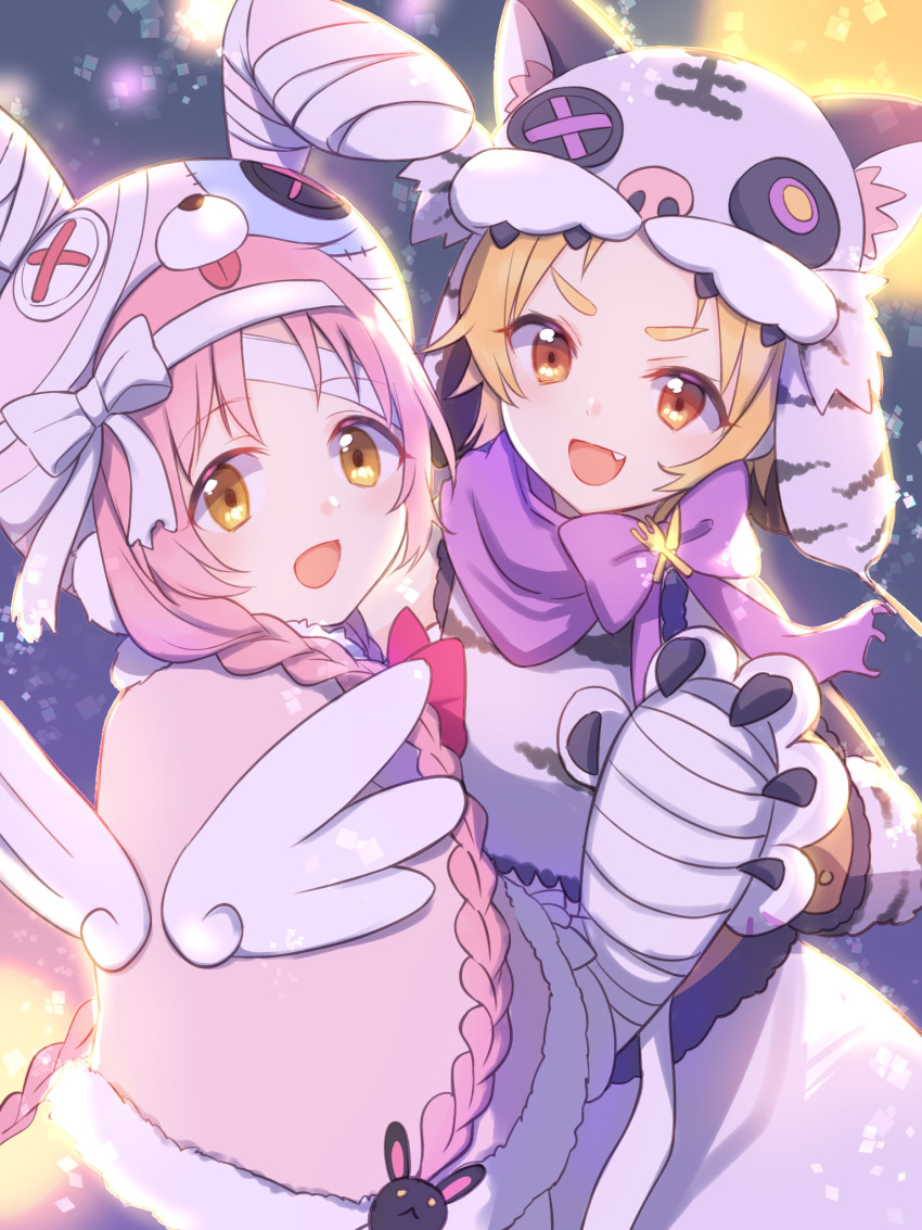 2girls :d animal_ear_fluff animal_ears animal_hands animal_hat animal_print bandaged_ear bandaged_hand bandages blonde_hair bow braid brown_eyes button_eyes buttons capelet commentary_request fake_animal_ears fang fur-trimmed_capelet fur_trim gloves gucchiann hair_ornament halloween hat highres long_hair looking_at_viewer looking_back matsuri_(halloween)_(princess_connect!) matsuri_(princess_connect!) mimi_(halloween)_(princess_connect!) mimi_(princess_connect!) multiple_girls open_mouth parted_bangs paw_gloves pink_capelet pink_hair princess_connect! rabbit_ears rabbit_hair_ornament rabbit_hat shirt skirt sleeveless sleeveless_shirt smile thick_eyebrows tiger_ears tiger_hat tiger_print twin_braids very_long_hair white_bow white_gloves white_shirt white_skirt