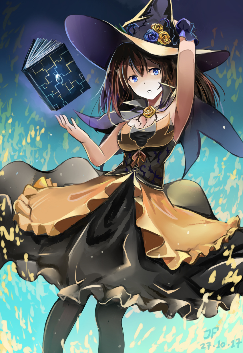 1girl absurdres adjusting_clothes adjusting_headwear armpits artist_name black_legwear blue_eyes book breasts brown_dress brown_hair capelet cleavage dated dress female_focus halloween hat highres idolmaster idolmaster_cinderella_girls jeffrey10 looking_at_viewer sagisawa_fumika solo standing witch