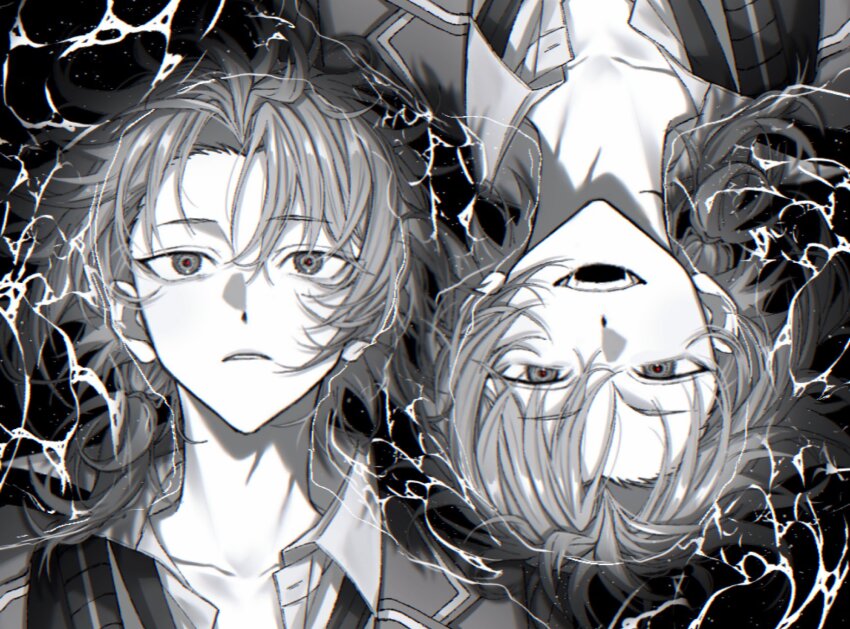 1boy ensemble_stars! frown highres monochrome oo_okioo open_collar open_mouth parted_bangs ponytail smile tsukinaga_leo waves