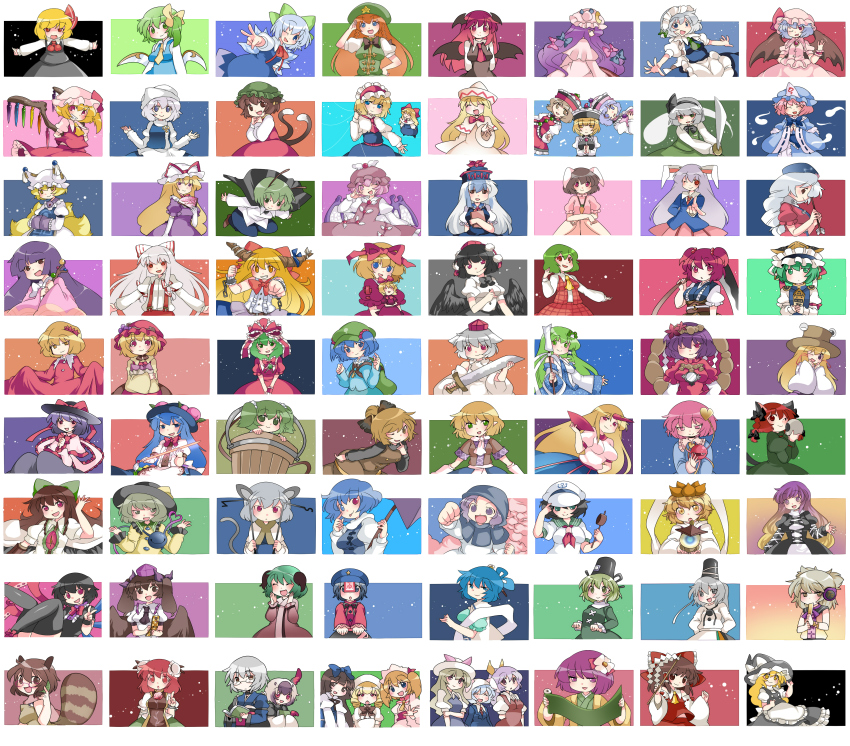 1boy 6+girls ;p absurdres adjusting_clothes adjusting_headwear akanbe aki_minoriko aki_shizuha alice_margatroid alternate_hair_length alternate_hairstyle animal_ears antennae apron arm_behind_back arm_warmers arrow_(projectile) ascot asymmetrical_wings bad_id bad_pixiv_id bird_wings bishamonten&#039;s_pagoda black_hair black_legwear blonde_hair blouse blue_eyes blue_hair blush bow bowtie braid branch breasts brown_eyes brown_hair bucket cape capelet carrot carrot_necklace cat_ears cat_tail cellphone chain checkered_clothes checkered_skirt chen chestnut_mouth chinese_clothes cirno clenched_hand clenched_hands closed_eyes clothes_lift cloud crescent crystal cup daiyousei detached_sleeves double_bun dowsing_rod dress dress_lift earmuffs everyone eyelid_pull fairy fairy_wings flandre_scarlet flower food footwear_ribbon frills front_ponytail fruit fujiwara_no_mokou futatsuiwa_mamizou gem glasses gohei gradient_hair grapes green_eyes green_hair grey_eyes grey_hair grin hair_bobbles hair_bow hair_bun hair_flower hair_ornament hair_ribbon hair_rings hair_stick hair_tubes hairband hakurei_reimu hammer_(sunset_beach) hand_fan hand_on_own_hip hand_to_hat hand_to_own_mouth hat hat_ribbon head_wings heart heterochromia hieda_no_akyuu highres hijiri_byakuren himekaidou_hatate hinanawi_tenshi hishaku hitodama holding hong_meiling horns hoshiguma_yuugi houjuu_nue houraisan_kaguya ibaraki_kasen ibuki_suika in_bucket in_container inaba_tewi index_finger_raised inubashiri_momiji izayoi_sakuya japanese_clothes jeweled_branch_of_hourai jewelry kaenbyou_rin kagiyama_hina kaku_seiga kamishirasawa_keine kasodani_kyouko kawashiro_nitori kazami_yuuka kirisame_marisa kisume koakuma kochiya_sanae komeiji_koishi komeiji_satori konpaku_youmu konpaku_youmu_(ghost) kumoi_ichirin kurodani_yamame leaf leaf_on_head letty_whiterock light_purple_hair lily_white long_hair long_sleeves looking_at_viewer luna_child lunasa_prismriver lyrica_prismriver maid_headdress medicine_melancholy medium_breasts merlin_prismriver mirror miyako_yoshika mizuhashi_parsee mononobe_no_futo morichika_rinnosuke moriya_suwako mouse_ears mouse_tail multicolored_hair multiple_girls multiple_tails murasa_minamitsu mystia_lorelei nagae_iku nazrin necklace necktie object_on_head ofuda one_eye_closed onozuka_komachi open_mouth orange_eyes orange_hair outstretched_arms pants patchouli_knowledge peach pendant phone pink_eyes pink_hair pointing pointing_at_viewer pointy_ears pom_pom_(clothes) ponytail puffy_sleeves purple_eyes purple_hair rabbit_ears raccoon_ears raccoon_tail red_dress red_eyes red_hair reisen reisen_udongein_inaba reiuji_utsuho remilia_scarlet revision ribbon ritual_baton rose rumia saigyouji_yuyuko sailor_hat sakazuki salute scarf scroll shameimaru_aya shanghai_doll shawl shiki_eiki shirt shoes short_hair short_sleeves siblings side_ponytail single_horn sisters skirt skirt_set sleeveless smile soga_no_tojiko star_(symbol) star_sapphire su-san sunny_milk suspenders sword sword_of_hisou tail tatara_kogasa tate_eboshi thighhighs third_eye tokiko_(touhou) tokin_hat tongue tongue_out toramaru_shou touhou toyosatomimi_no_miko triangular_headpiece twin_braids twintails two-tone_hair two_side_up umbrella unzan v v_arms very_long_hair vest watatsuki_no_toyohime watatsuki_no_yorihime weapon white_hair wide_sleeves wings wink witch_hat wriggle_nightbug wrist_cuffs wristband yagokoro_eirin yakumo_ran yakumo_yukari yasaka_kanako yellow_eyes zombie_pose