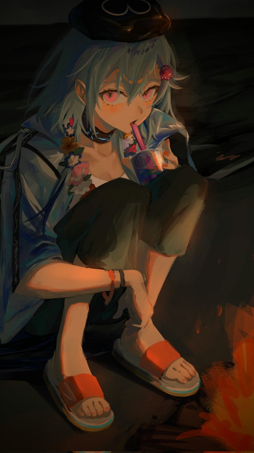1boy arknights beret blue_hat blue_shirt blush bracelet collared_shirt commentary cup drinking drinking_straw fire flower flower_necklace full_body grey_shorts hat highres holding holding_cup infection_monitor_(arknights) jellyfish_hair_ornament jewelry lei looking_at_viewer male_focus mizuki_(arknights) mizuki_(summer_feast)_(arknights) nate71762013 necklace official_alternate_costume open_clothes open_mouth open_shirt outdoors pink_eyes sandals shirt short_hair shorts solo squatting white_shirt