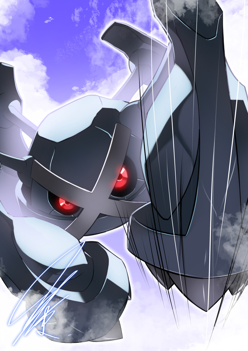 absurdres blue_sky cloud creatures_(company) dynamic_pose flying from_below full_body game_freak gen_3_pokemon glowing glowing_eyes highres looking_at_viewer metagross metal_skin mitsukuma448 motion_lines nintendo no_humans outdoors pokemon pokemon_(creature) purple_sky red_eyes robot signature sky solo speed_lines x_mark