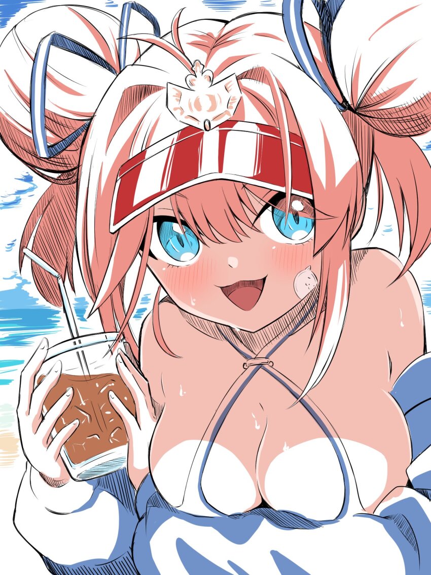1girl :d azur_lane bandaid bandaid_on_face bare_shoulders blue_eyes blue_jacket blush breasts cleavage commentary_request criss-cross_halter double_bun drinking_straw gallant_(azur_lane) gallant_(express-ive_delivery)_(azur_lane) hair_bun halterneck highres huge_hair_bun jacket large_breasts looking_at_viewer misopiero official_alternate_costume open_mouth outdoors pink_hair sand smile solo sweat upper_body water