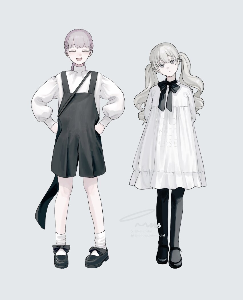 2girls :d absurdres arms_behind_back black_bow black_bowtie black_pantyhose black_ribbon black_shoes blue_overalls bobby_socks bow bowtie closed_eyes closed_mouth curly_hair dress drill_hair facing_viewer footwear_bow frilled_socks frills frozenstar full_body grey_background grey_eyes grey_hair grus_(vrchat) hands_on_own_hips head_tilt highres lapwing_(vrchat) long_hair long_sleeves looking_at_viewer mary_janes multiple_girls neck_ribbon open_mouth overall_shorts overalls pantyhose ponytail puffy_long_sleeves puffy_sleeves purple_hair ribbon shirt shoes simple_background smile socks standing sweater turtleneck turtleneck_sweater twintails vrchat white_dress white_eyes white_shirt white_socks white_sweater