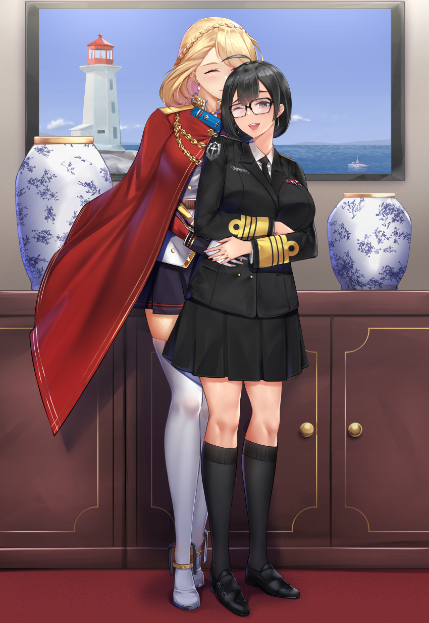 2girls absurdres ahoge azur_lane boat braid cabinet cloak commander_(azur_lane) commission crown_braid earrings female_commander_(azur_lane) full_body glasses highres hoop_earrings hug hug_from_behind irkawaza jewelry lighthouse military military_dress_uniform military_rank_insignia military_uniform multiple_girls naval_dress_uniform naval_uniform necktie one_eye_closed painting_(medium) pleated_skirt pottery prince_of_wales_(azur_lane) qinghua_(porcelain) revision ribbon_bar skirt teardrop_earrings thighhighs traditional_media vase watercraft wife_and_wife yukimura_ryuuko_(ryuuko) yuri zettai_ryouiki