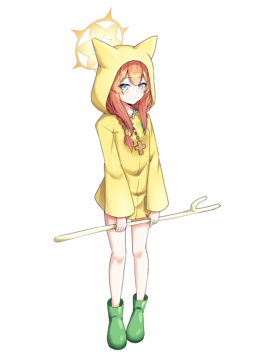 1girl absurdres alternate_costume animal_ears bead_necklace beads blue_archive blue_eyes boots braid cat_ears cat_girl commentary cosplay cross cross_necklace ears_under_headwear english_commentary full_body green_boots hair_between_eyes halo highres holding holding_staff jewelry jubilee_2025 long_hair long_sleeves looking_at_viewer luce_(jubilee_2025) luce_(jubilee_2025)_(cosplay) mari_(blue_archive) necklace nomorakazu orange_hair raincoat sidelocks simple_background single_braid smile solo staff standing trinity_general_school_logo white_background yellow_raincoat