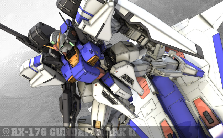 3d aeug aircraft beam_rifle character_name commentary_request dutch_angle emblem energy_gun exposed_internal_machinery g-db gradient_background gundam gundam_mk_ii logo machinery mecha mecha_focus mobile_suit no_humans original realistic redesign riding robot science_fiction shield v-fin weapon zeta_gundam