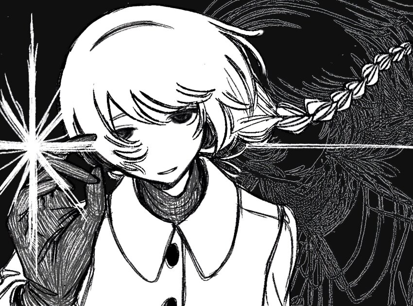 1girl braid braided_ponytail coat diffraction_spikes earmuffs floating_hair gloves greyscale half-closed_eyes hand_up head_tilt highres long_hair long_sleeves looking_at_viewer monochrome parted_lips recurring_image sekka_yufu shirt simple_background smile solo upper_body utau wada140 winter_clothes winter_coat