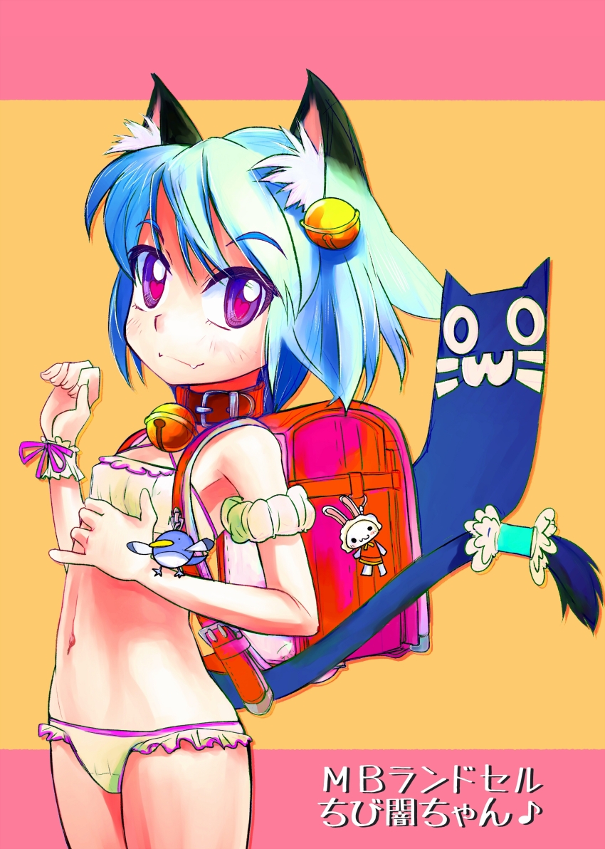1girl absurdres animal_collar animal_ear_fluff animal_ears arm_scrunchie backpack bag bag_charm bikini bird blue_tail breasts cat_ears cat_girl cat_tail charm_(object) chibi_yami closed_mouth collar commentary_request covered_erect_nipples cowboy_shot fangs futaba_channel green_bikini green_scrunchie heart heart-shaped_pupils highres legs_together navel pink_ribbon purple_eyes rabbit randoseru red_bag red_collar ribbon scrunchie small_breasts smile solo spanish_flag standing swimsuit symbol-shaped_pupils tail tsukiyono_aroe wrist_ribbon