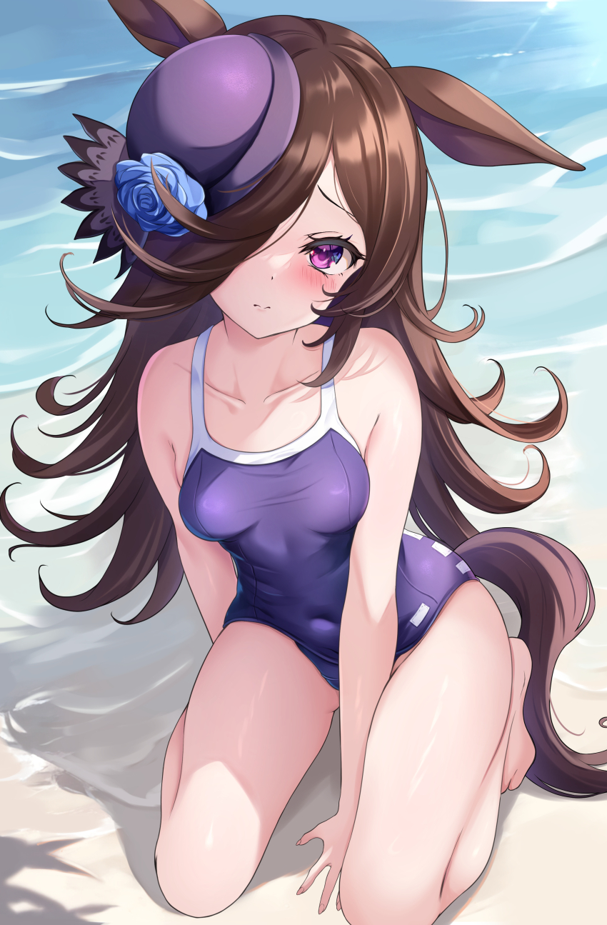 1girl absurdres animal_ears bare_shoulders barefoot beach blue_one-piece_swimsuit blush breasts brown_hair closed_mouth commentary_request covered_navel day ears_down hair_over_one_eye hat highres horse_ears horse_girl horse_tail long_hair looking_at_viewer maimuu ocean on_ground one-piece_swimsuit outdoors purple_eyes purple_hat rice_shower_(umamusume) sand school_swimsuit sitting small_breasts solo swimsuit tail thighs tilted_headwear tracen_swimsuit umamusume wariza water
