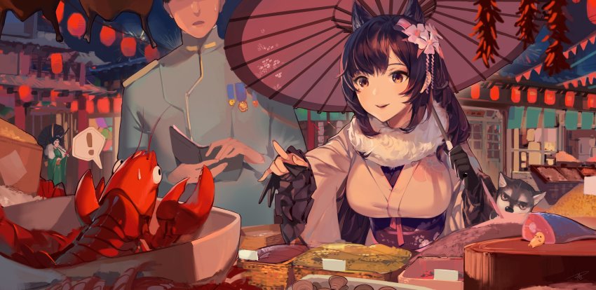 ! 1boy 2girls absurdres animal animal_ears atago_(azur_lane) atago_(hallmarks_of_winter)_(azur_lane) azur_lane black_gloves black_hair bowl clam_shell commander_(azur_lane) damiaodi dog fish flower frilled_sleeves frills fur_trim gloves gudetama hair_flower hair_ornament hanging_food head_out_of_frame highres holding holding_umbrella holding_wallet husky japanese_clothes kimono lantern lobster long_hair long_sleeves looking_at_another market medal military military_uniform multiple_girls night obi oil-paper_umbrella open_mouth outdoors paper_lantern photoshop_(medium) pointing puppy sanrio sash smile souryuu_(azur_lane) souryuu_(the_crane_amidst_the_pines)_(azur_lane) sweatdrop umbrella wallet wide_sleeves yellow_eyes