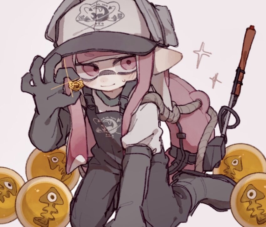 1girl badge baseball_cap black_boots black_gloves black_overalls blunt_bangs blunt_ends boots closed_mouth glint gloves golden_egg_(splatoon) hat highres inkling inkling_girl inkling_player_character lifebuoy long_hair looking_at_viewer nintendo overalls pink_eyes pink_hair pointy_ears print_hat print_overalls rubber_boots rubber_gloves salmon_run_(splatoon) sitting smile solo sparkle splatoon_(series) splatoon_3 sweat swim_ring tentacle_hair uifuchi