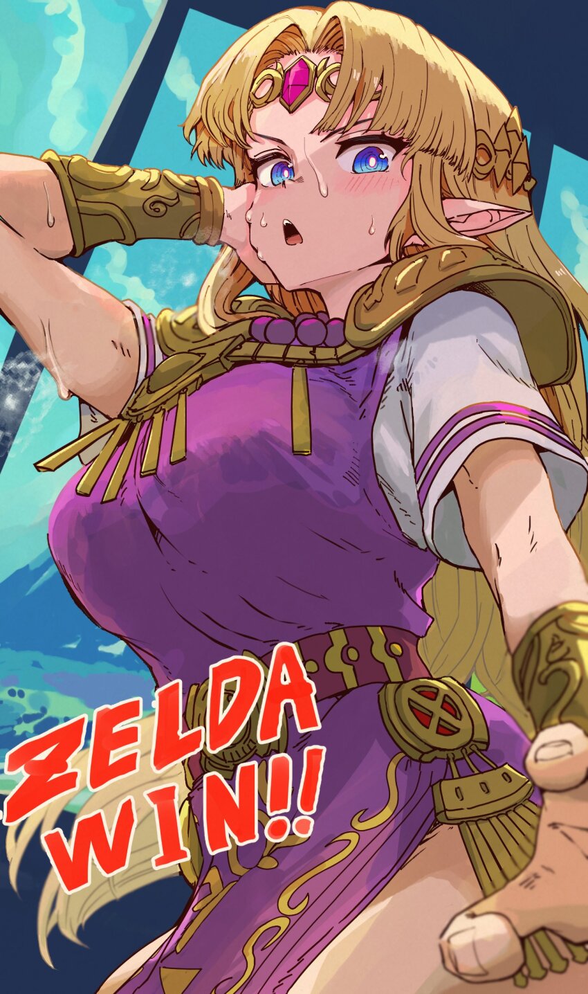 1girl bead_necklace beads belt blonde_hair blue_eyes breasts circlet dress english_text gem hair_intakes highres ishijimajirou jewelry large_breasts long_hair looking_at_viewer necklace nintendo parted_bangs pelvic_curtain pink_gemstone pointy_ears princess_zelda purple_dress super_smash_bros. sweat the_legend_of_zelda the_legend_of_zelda:_a_link_to_the_past thighs