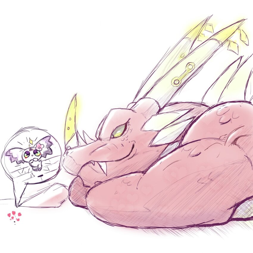 black_eyes colored_sclera culumon digimon digimon_(creature) dragon examon fang flower green_eyes happy heart highres horns looking_at_another muscular size_difference smile sparkle triangle yellow_sclera youwantstars zero_unit